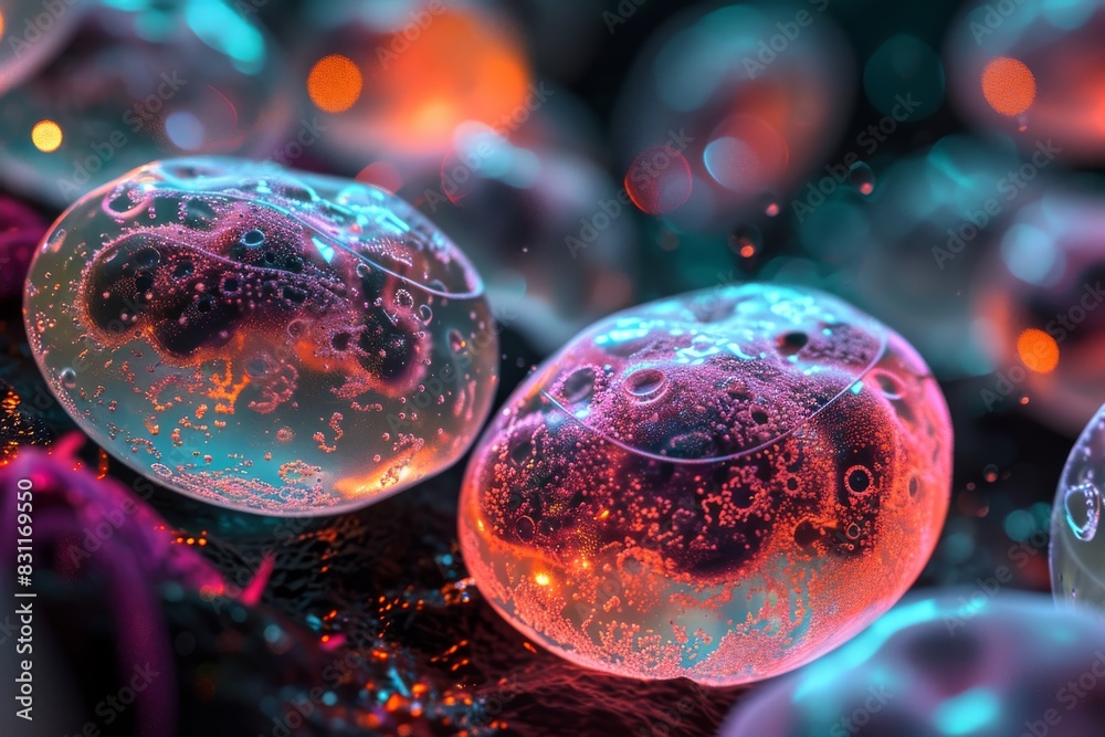 Naklejka premium Microbiological cells, Cancer cells floating in a clear liquid, under a microscope.Ai generated