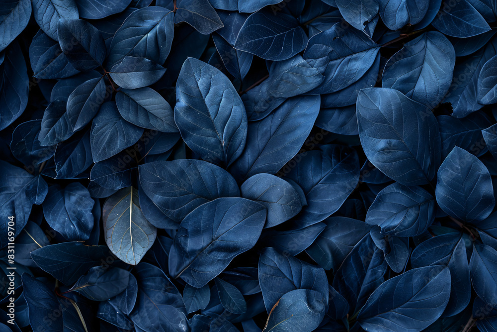 Dark blue leaves background, top view. A large number of dark green and purple leaves form an abstract pattern on the ground. Dark blue leaves background, top view. A large number of dark green and purple leaves form an abstract pattern on the ground.
