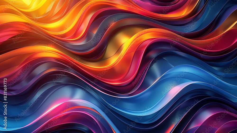 Obraz premium A dynamic, abstract background with glossy geometric patterns, vibrant circular elements, and winding curve lines in a blend of vibrant colors. Minimal and Simple style
