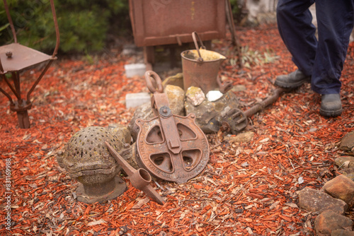 Old mining gear in a garden at Seymour, Australia photo