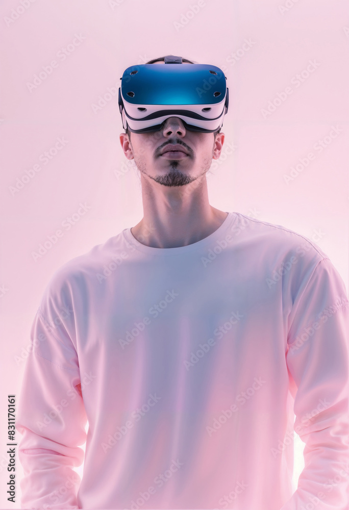 A man wears a virtual reality headset, immersed in a digital experience.