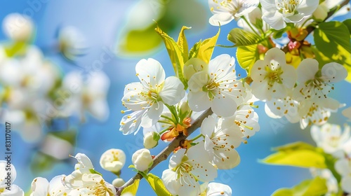 Close up of blossoming cherry flowers with blue sky