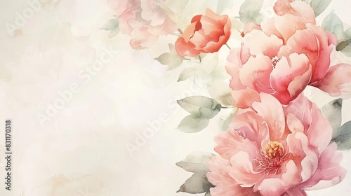 delicate watercolor peonies on light background floral wedding or mothers day design with copy space handpainted illustration © Jelena
