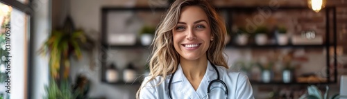 A female doctor smiling with stethoscope, close up, professionalism in healthcare, whimsical, fusion, clinic backdrop photo