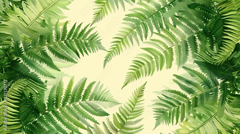 Green fern leaves against a light green background.