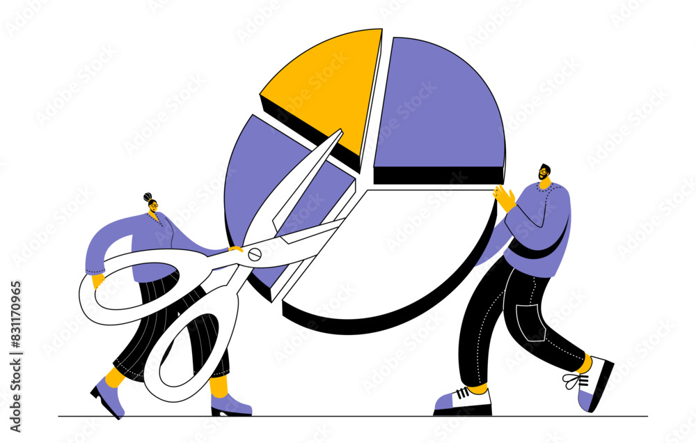 Fototapeta premium The marketing team will segment the target audience. Funny vector illustration on the topic of business analysis and market segmentation.