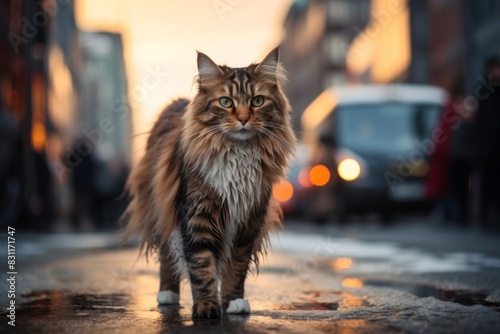Portrait of a cute norwegian forest cat in busy urban street