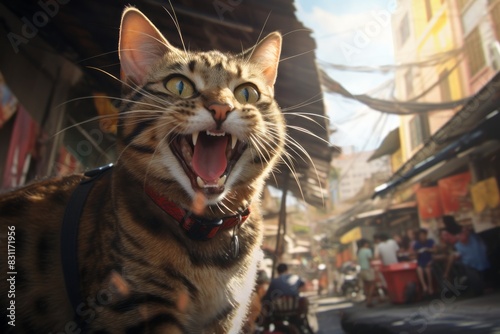 Portrait of a smiling javanese cat on busy urban street