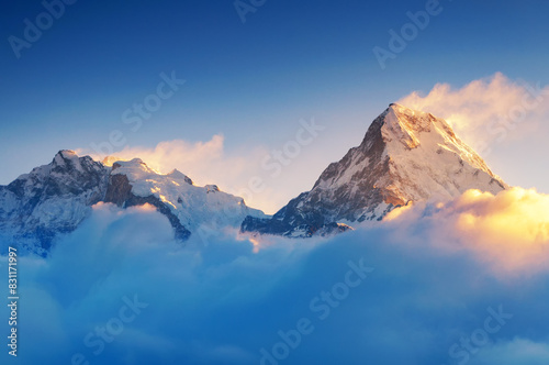 Sunrise over Fish Tail or Machapuchare Mountain View from Poon Hill View Point Nepal photo