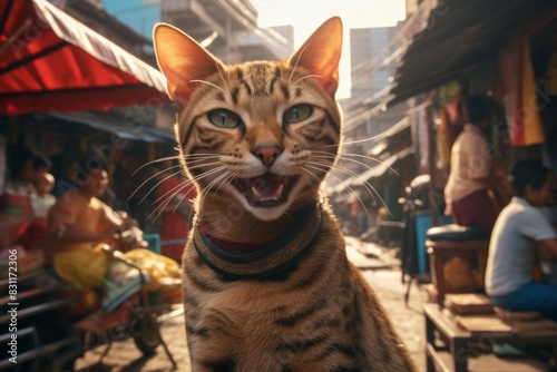 Portrait of a smiling javanese cat over busy urban street