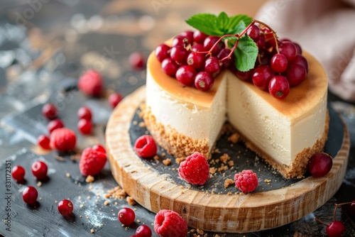 White Chocolate Cheesecake With Berries And Mint On a Stone Board Isolated On a Dark Background, Confectionery Advertise Concept