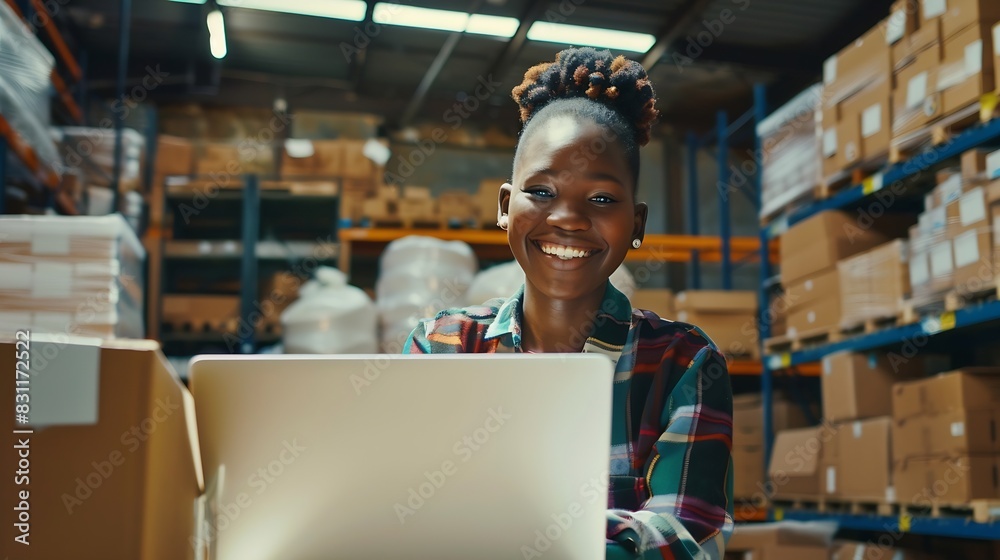 Portrait of a Happy African Small Business Owner Working on Laptop in Warehouse Preparing Parcels for Delivery Female Smile and Pose for Camera in Storeroom with Cardboard Boxes : Generative AI Portrait of a Happy African Small Business Owner Working on Laptop in Warehouse Preparing Parcels for Delivery Female Smile and Pose for Camera in Storeroom with Cardboard Boxes : Generative AI