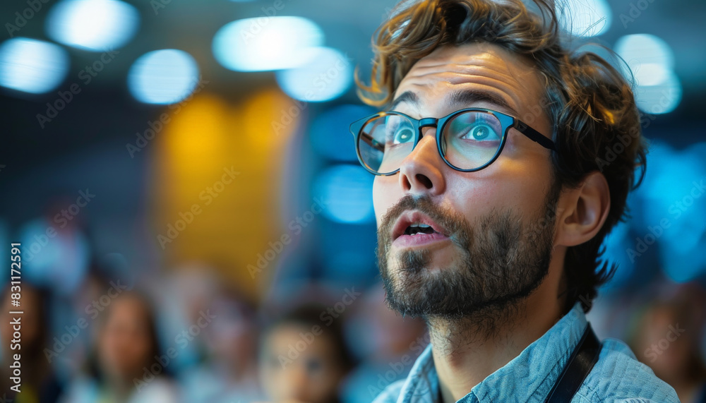 Bearded man with glasses looking up in amazement at a conference. Bearded man with glasses looking up in amazement at a conference.