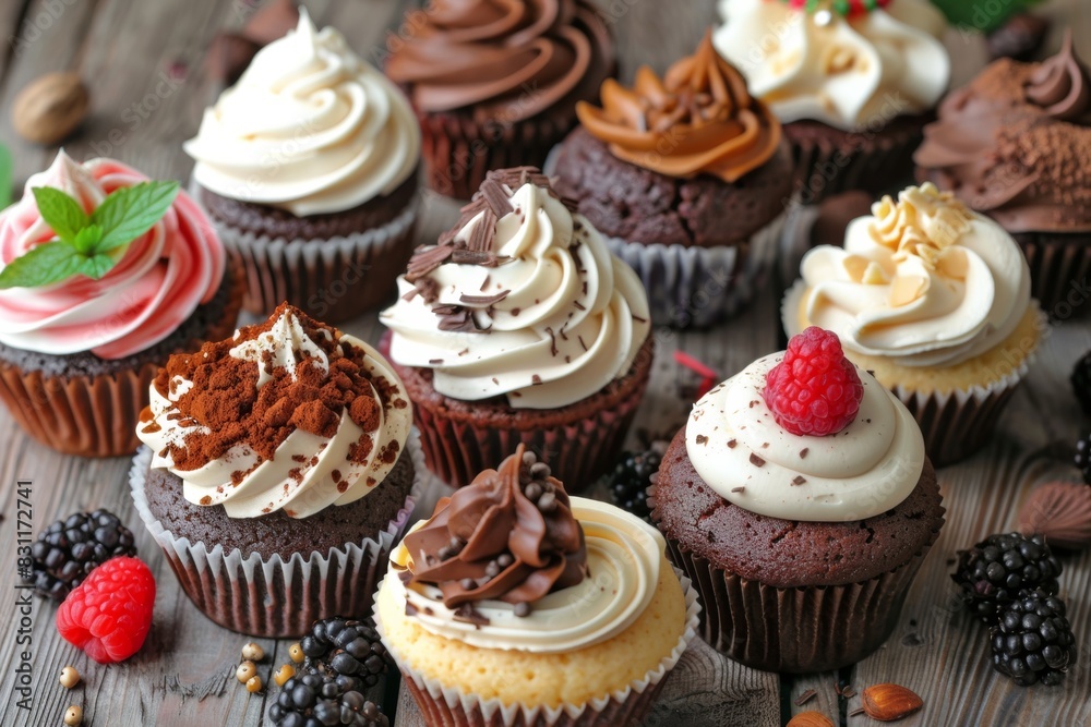 Chocolate Cupcakes With Cream And Chocolate Frosting Isolated On A Wooden Background, Closeup, Confectionery Advertise Concept Chocolate Cupcakes With Cream And Chocolate Frosting Isolated On A Wooden Background, Closeup, Confectionery Advertise Concept