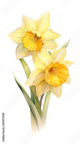Beautiful illustration of two yellow daffodil flowers with green leaves on a white background, perfect for spring and floral designs.