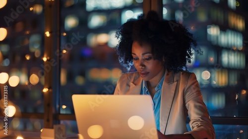 Portrait of African American Businesswoman Working on Laptop Computer in Big City Office Late in the Evening Female Executive Director Managing Digital eCommerce Project Finance Analys : Generative AI