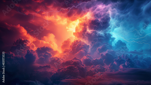 Abstract depiction of a summer storm with swirling clouds and electric colors, capturing the power of nature