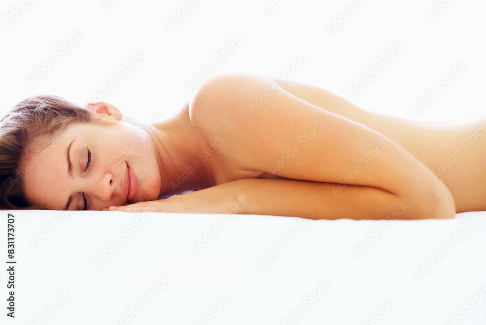 Woman, sleeping and rest with body, naked or bare in white background in health, wellness or beauty. Female person, fatigue and tired with smile for relax, dream or happiness as nude, sexy or sensual Woman, sleeping and rest with body, naked or bare in white background in health, wellness or beauty. Female person, fatigue and tired with smile for relax, dream or happiness as nude, sexy or sensual