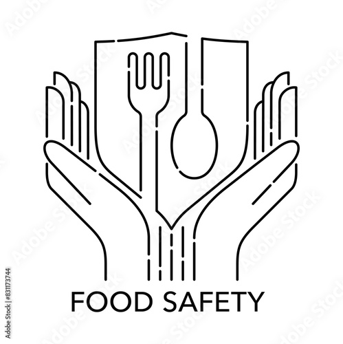 Food safety emblem in thin separated line - hands, fork, plate and spoon