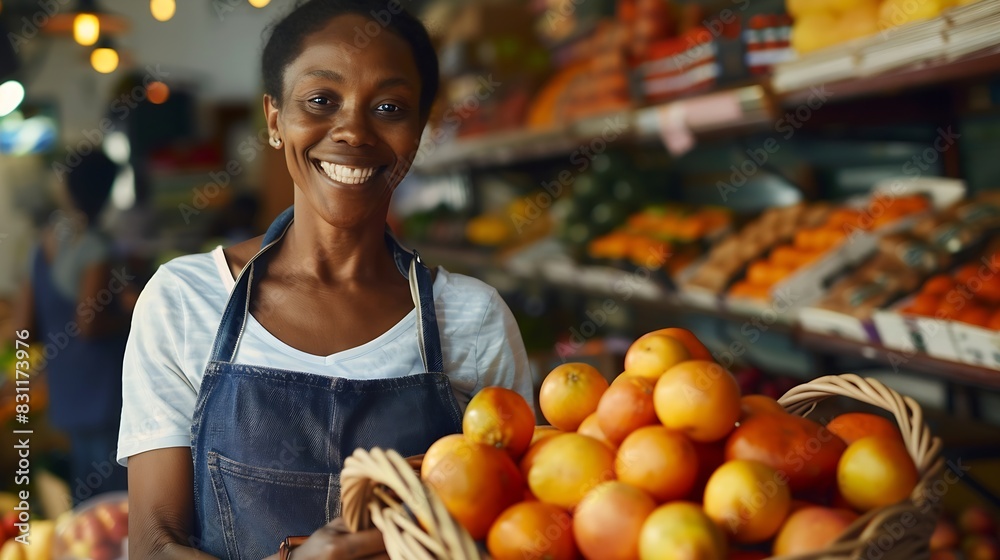 Happy grocery store owner smiling at the camera while holding a basket of fresh organic grapefruits Successful female entrepreneur running a small business in the food industry : Generative AI Happy grocery store owner smiling at the camera while holding a basket of fresh organic grapefruits Successful female entrepreneur running a small business in the food industry : Generative AI
