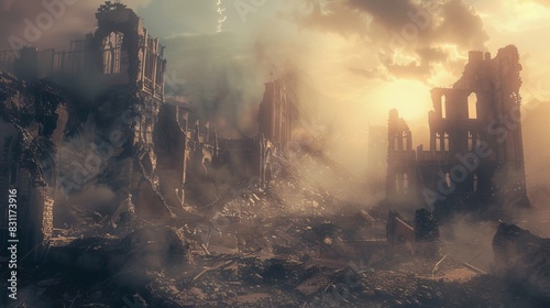 The art captures a dilapidated gothic city shrouded in smoke and dust, creating a post-apocalyptic atmosphere