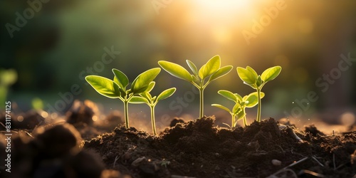 New sprouts grow in a field with fertile soil aiding in sustainability. Concept Agriculture, Sustainable Growth, Soil Health, New Beginnings, Environmental Sustainability