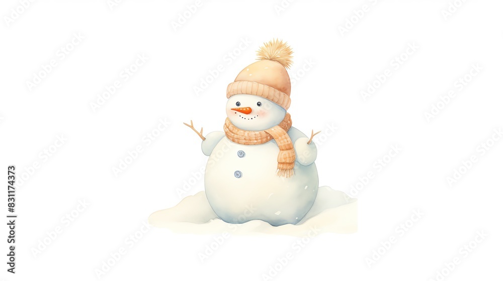 Cute snowman wearing a hat and scarf, standing in the snow, spreading holiday cheer with a charming smile.
