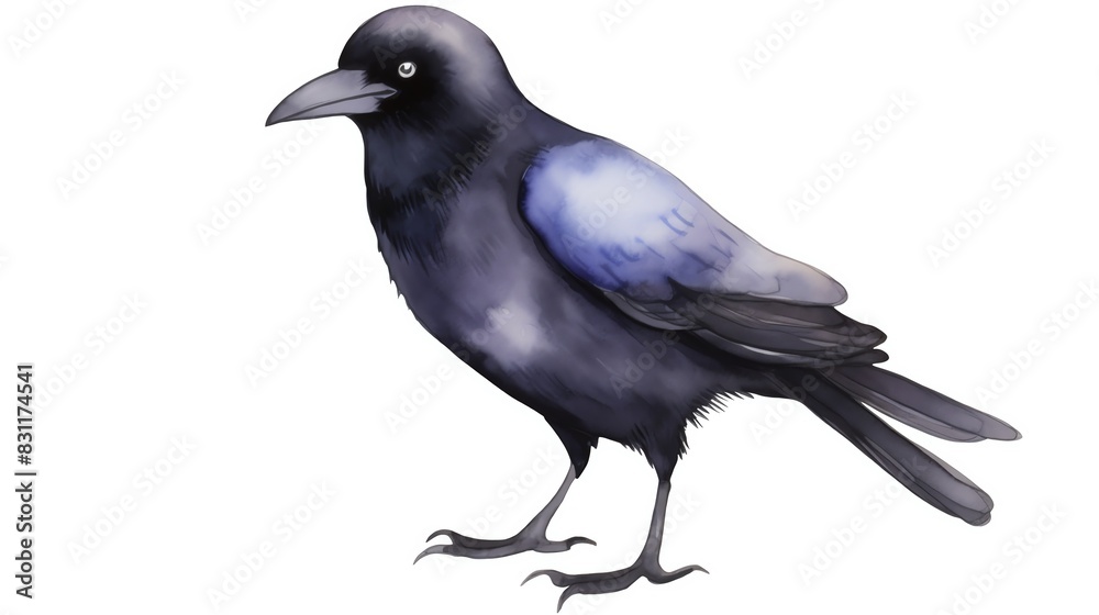 Obraz premium Digital illustration of a black crow with blue highlights on white background. Ideal for nature, wildlife, and art concepts.