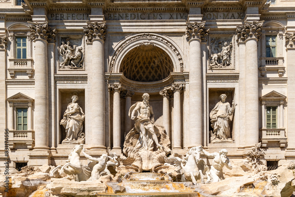 Rome, Italy - April 11, 2024: View of the details of the sculptures of the Trevi Fountain in Rome, Italy Rome, Italy - April 11, 2024: View of the details of the sculptures of the Trevi Fountain in Rome, Italy