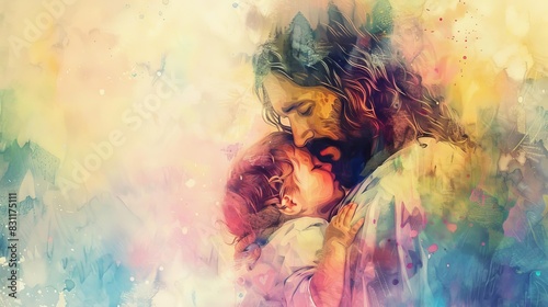 ethereal jesus christ embracing child on watercolor background spiritual christian artwork digital painting