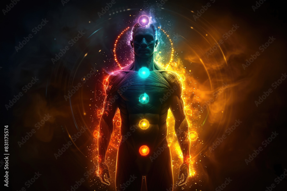 A human figure with glowing, digital patterns on their skin and body is seen in the center of an abstract dark background. Created with Ai