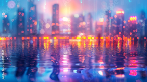 Abstract cityscape at dusk with colorful lights and reflections, symbolizing summer evenings in the city