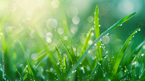 Juicy fresh green grass in the morning in droplets of