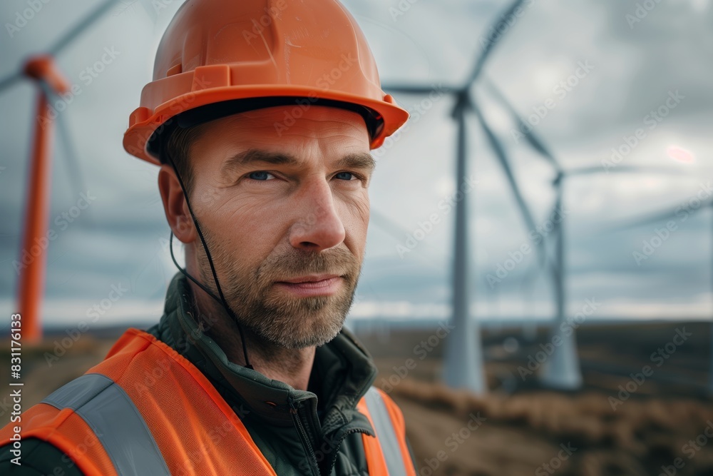 An engineer looking into the camera with a wind turbine park in the background. An engineer looking into the camera with a wind turbine park in the background.