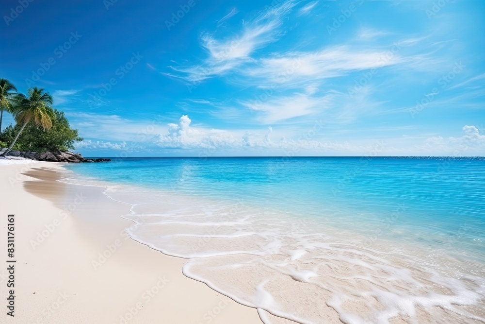 Sunny summer beach with palms, sea and tropical islansd