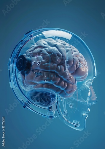 A photorealistic 3D image showing a brain with advanced neural connections encased in a transparent head. The image highlights the integration of technology with human cognition.