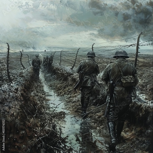 Realistic painting of a somber scene from the First World War in France, capturing the gritty reality of trench warfare photo