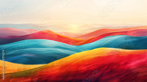 Vibrant abstract landscape with rolling hills and bright sunshine, representing the warmth of a summer day photo