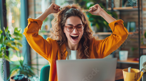Happy excited young woman with laptop at home sitting on a couch, received good news, got promotion, finished project, generative ai