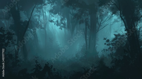 Enigmatic forest shrouded in darkness and mist creating a spooky Halloween atmosphere