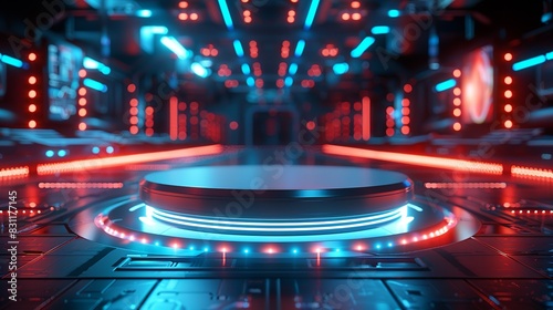 A sleek, cylindrical podium with a smooth, white surface, highlighted by alternating blue and red cyberpunk lights, against a backdrop of digital holograms. Minimal and Simple style photo