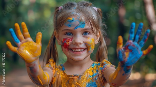 a Caucasian girl gleefully displays her hands adorned with colorful paint, showcasing her creative and imaginative side.