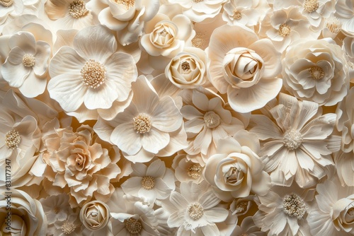 Delicate backdrop of 3d paper flowers in warm tones, perfect for design or crafts © anatolir