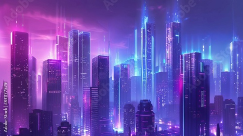 futuristic cityscape with towering skyscrapers and glowing neon lights cyberpunk aesthetic