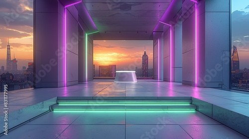 A sleek  white podium with sharp edges  illuminated by alternating purple and green cyberpunk lights  set against a backdrop of a high-tech cityscape. Minimal and Simple style