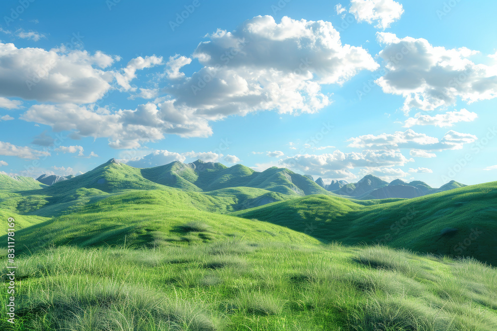 Green field, sunny sky background suitable for summerthemed designs, agriculture concepts, environmental campaigns, and outdoor adventure promotions.