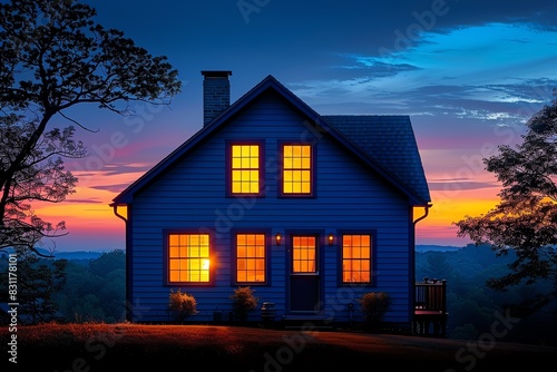 A cozy blue house with warm lights glowing in the windows, set against a dramatic twilight sky.