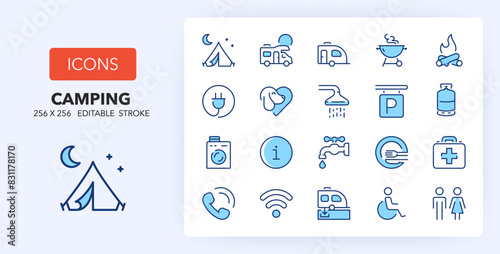 Line icons about camping and outdoor activities. Contains such icons as beach, surf, tropical island and more. 256x256 Pixel Perfect editable in two colors