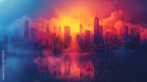 A futuristic cityscape silhouetted against a vibrant, colorful sky. The city is bathed in an ethereal glow.