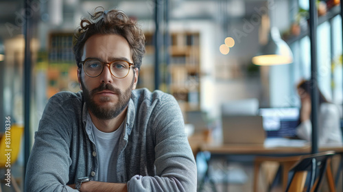 Portrait of a handsome young man with glasses looking at the camera with a serious expression. photo